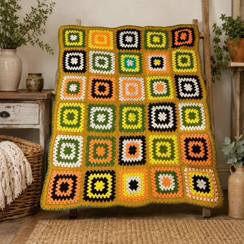 Vintage Handmade Crochet Granny Square Blanket Throw Mustard Green Orange 68x55